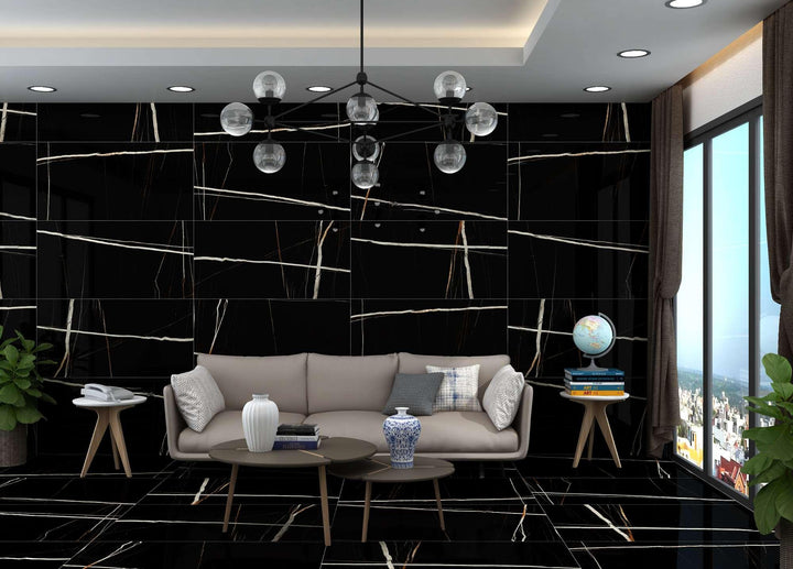 BLACK GALAXY HIGH GLOSS PORCELAIN WALL &amp; FLOOR TILES 60X120 CM